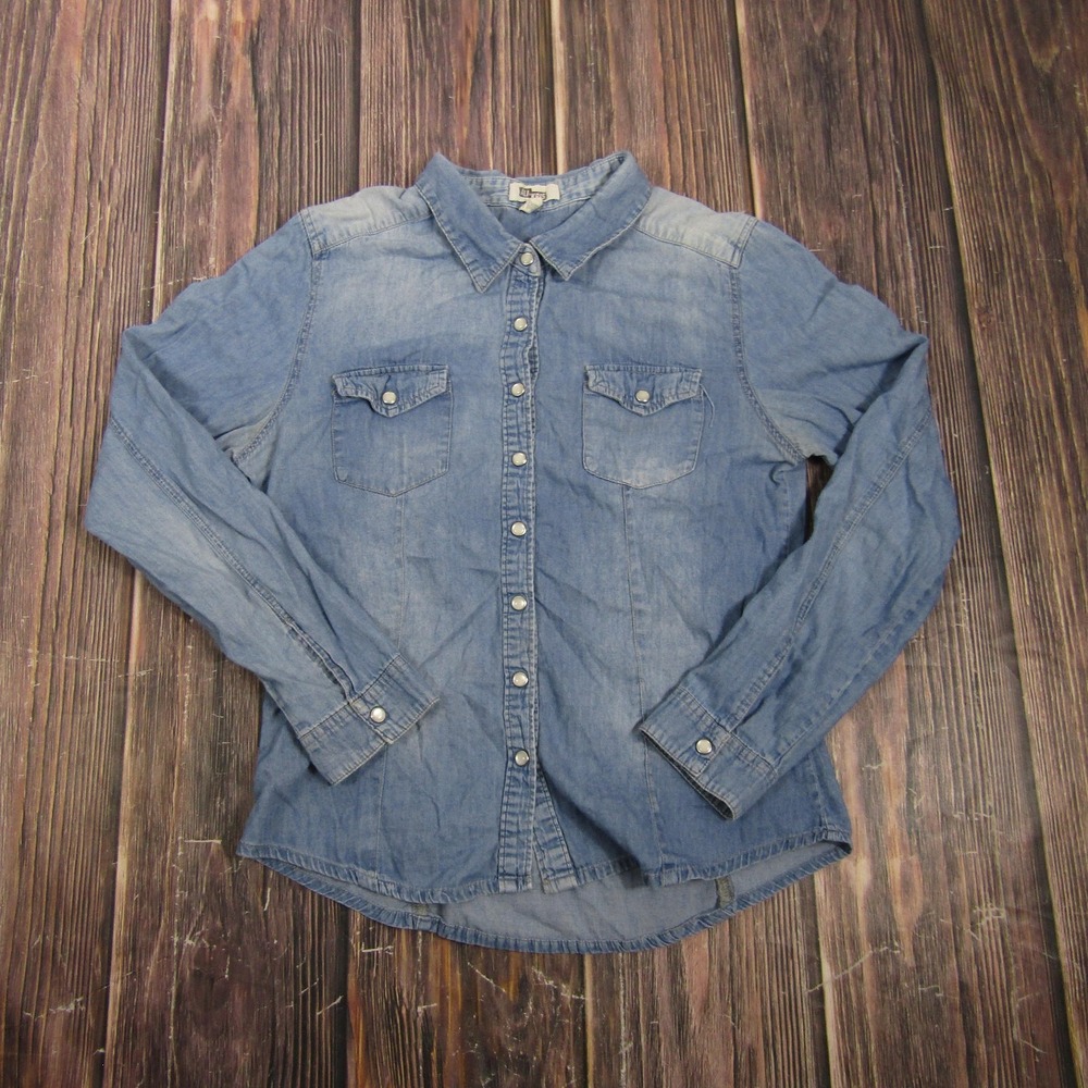 Ali Kris Womens Large Blue Denim Button Up Shirt Long Sleeve Snap Pockets